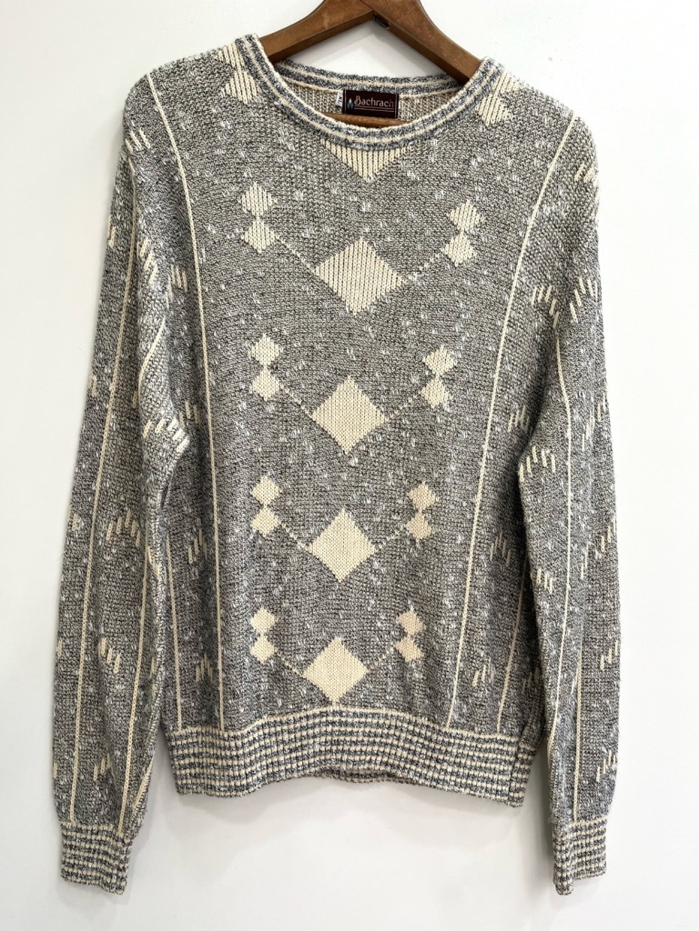 Vintage 90’s Bacharach geometric diamond shape sweater butter yellow black XL
